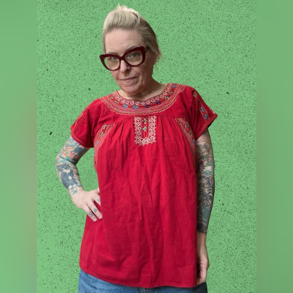 Vintage Red Embroidered Peasant Tunic - Picture 4 of 8